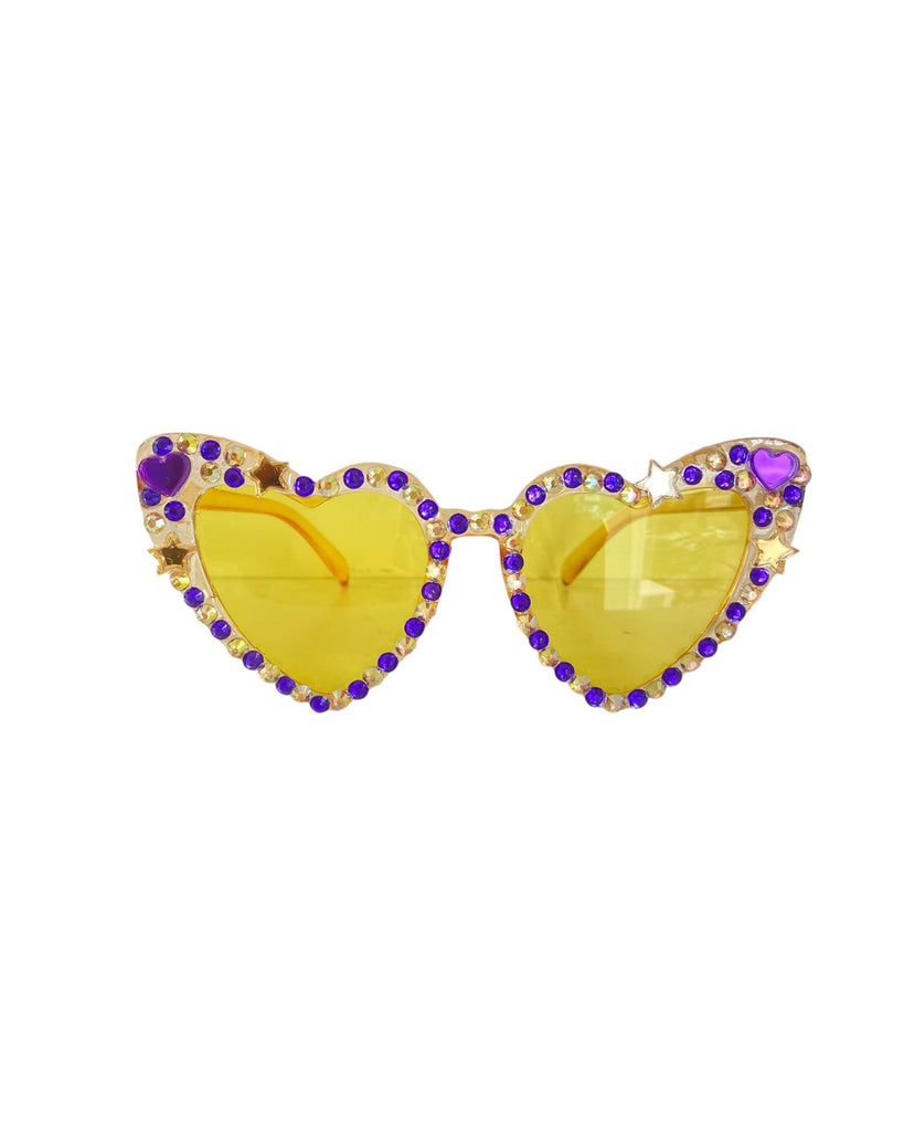 Star Jewels in purple and  yellow Heart Frame   Original Design by Alligator Eyes - Alligator Eyes Mardi Gras Sunglasses Gifts and Accessories 