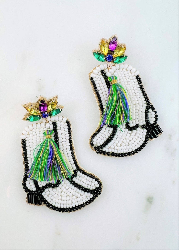 Majorette Mardi Gras Majorette Boots Earring WHITE - Alligator Eyes Mardi Gras Sunglasses Gifts and Accessories 