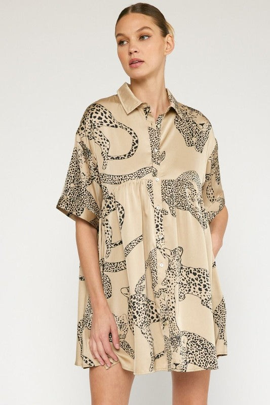 Satin cheetah in latte Oh Meow Mew Satin Button Up Dress -  Kitty Closet - Alligator Eyes Mardi Gras Sunglasses Gifts and Accessories 