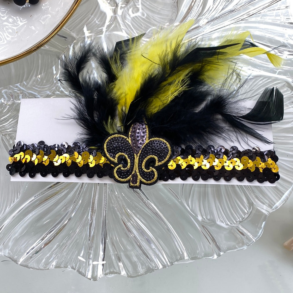 Feather headband- Black and Gold Saints - Alligator Eyes Mardi Gras Sunglasses Gifts and Accessories 